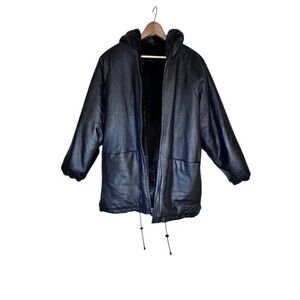 Vintage RZR Leather Faux Fur Reversible Hooded Jacket Women's Size Medium